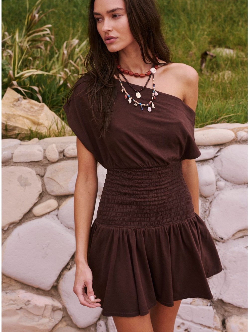Free People One-Shoulder Smocked Waist Brown Mini Dress